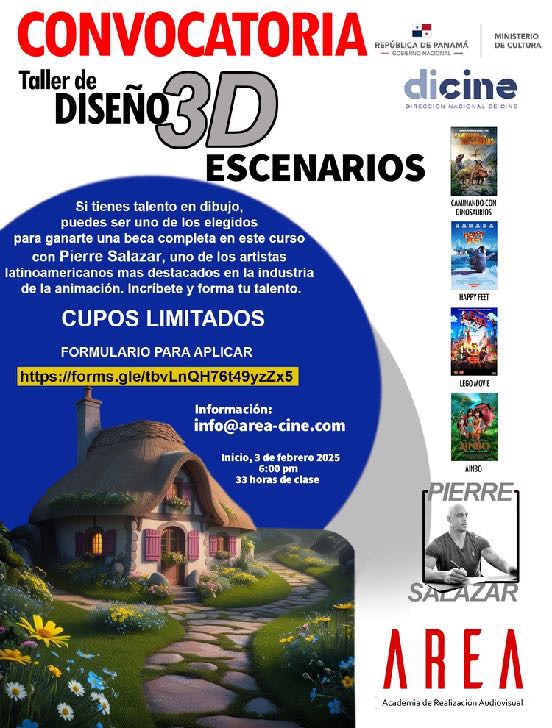 Afiche de convocatoria del Taller de Diseño 3D de Escenarios 2025, con el apoyo del Ministerio de Cultura y DICINE