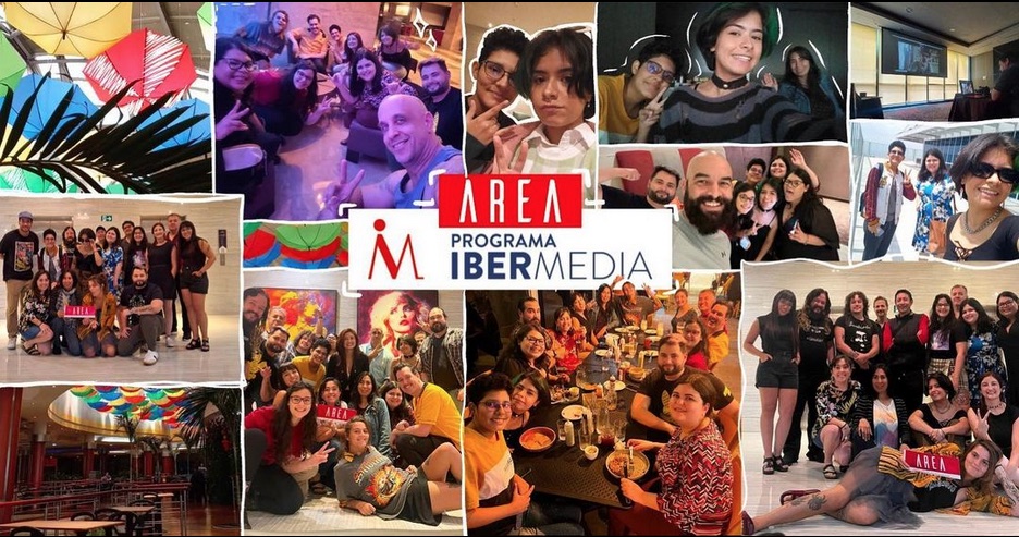 Collage de participantes del taller de desarrollo de proyectos junto a los logos de AREA y el Programa IBERMEDIA