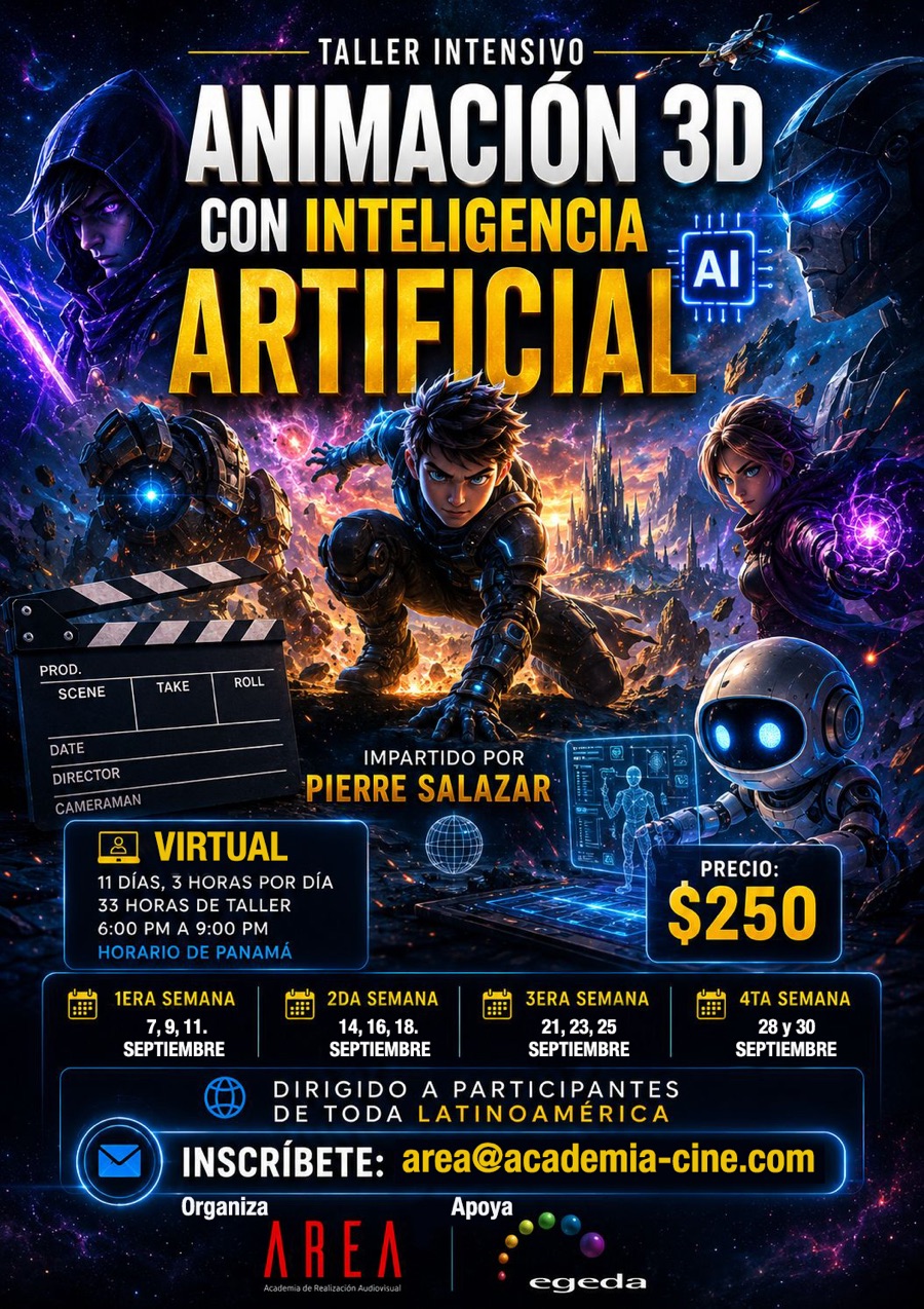 Afiche del Taller Intensivo de Animación 3D con Inteligencia Artificial, impartido por Pierre Salazar